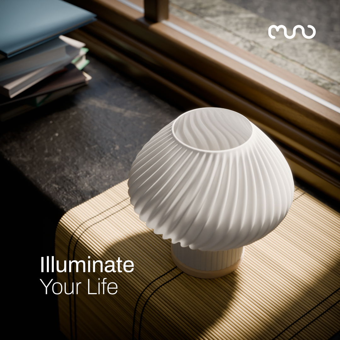 A 3D printed lamp placed next to a window. Text overlay on top: "Illuminate Your Life"